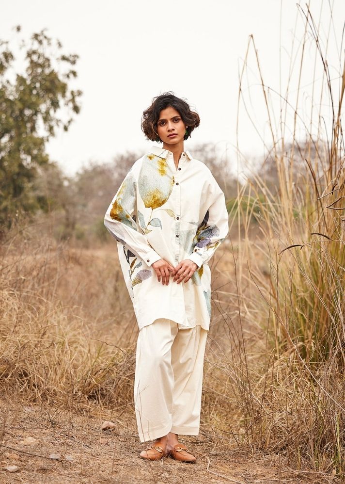 A Model Wearing Multicolor Cotton Mul Pahadi co ord set, curated by Only Ethikal