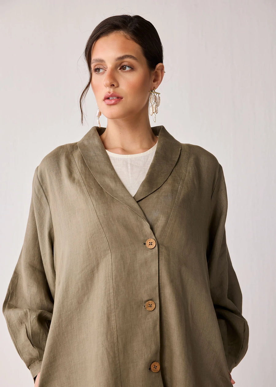 Oversized Mid-Length Hemp Overlay With Shawl Collar In Dark Green