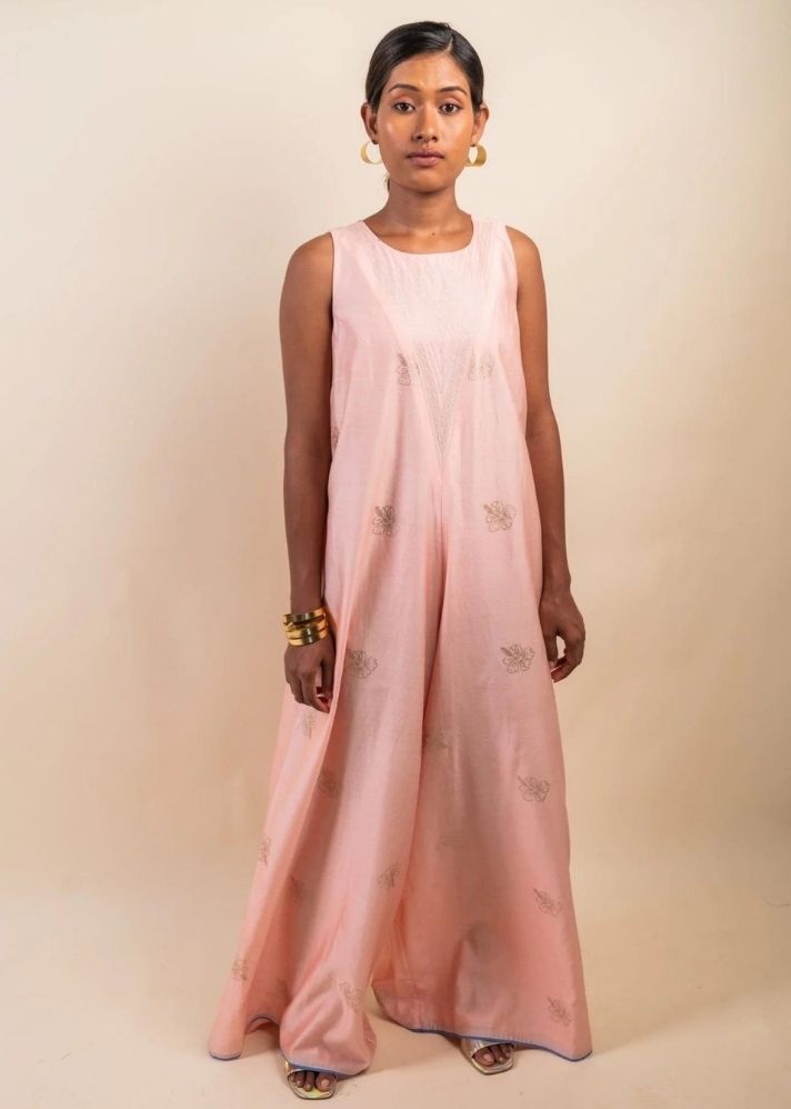 A Model Wearing pink Cotton Silk Meena Maria Jumpsuit, curated by Only Ethikal