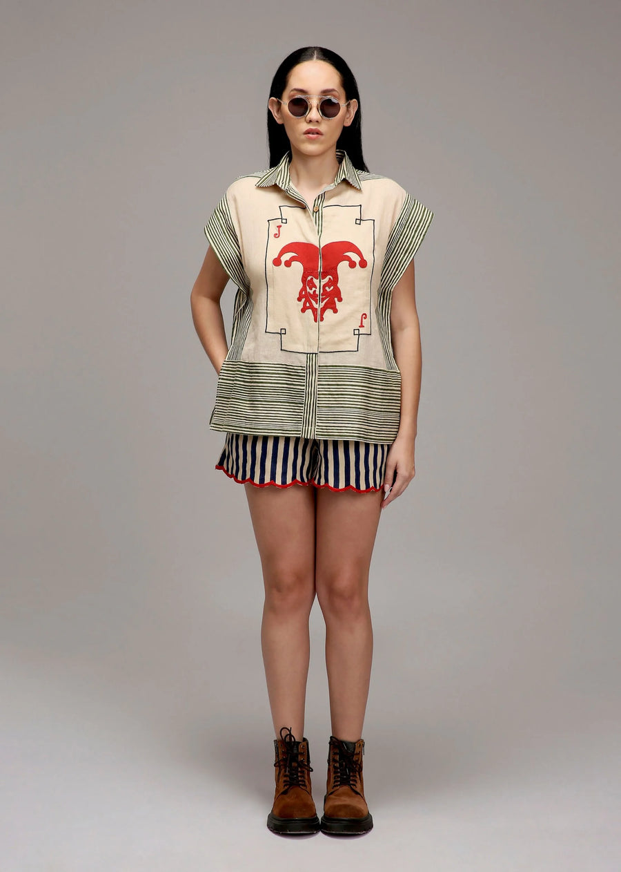 A Model Wearing Multicolor Cotton Egg-Shell Green Striped Red Joker Shirt, curated by Only Ethikal