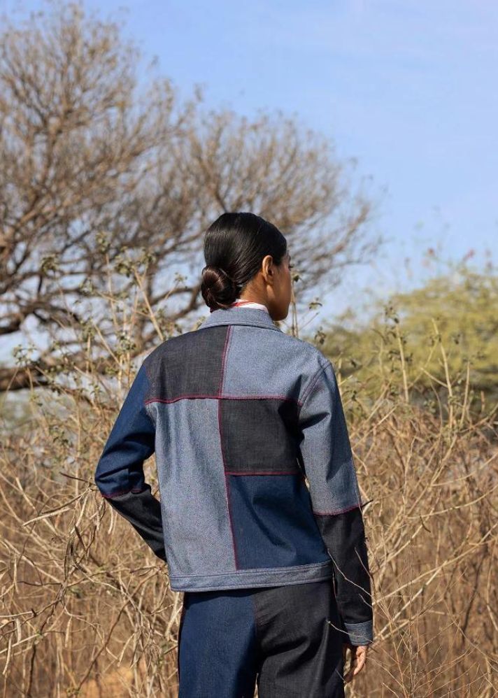 A Model Wearing Multicolor Upcycled Denim Cheryl Patch Jacket, curated by Only Ethikal