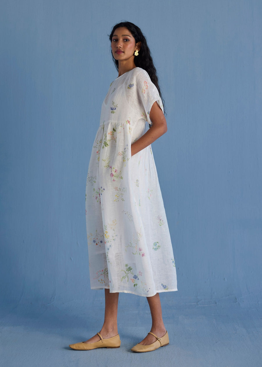 Uniko Pleated Floral Linen Dress - White