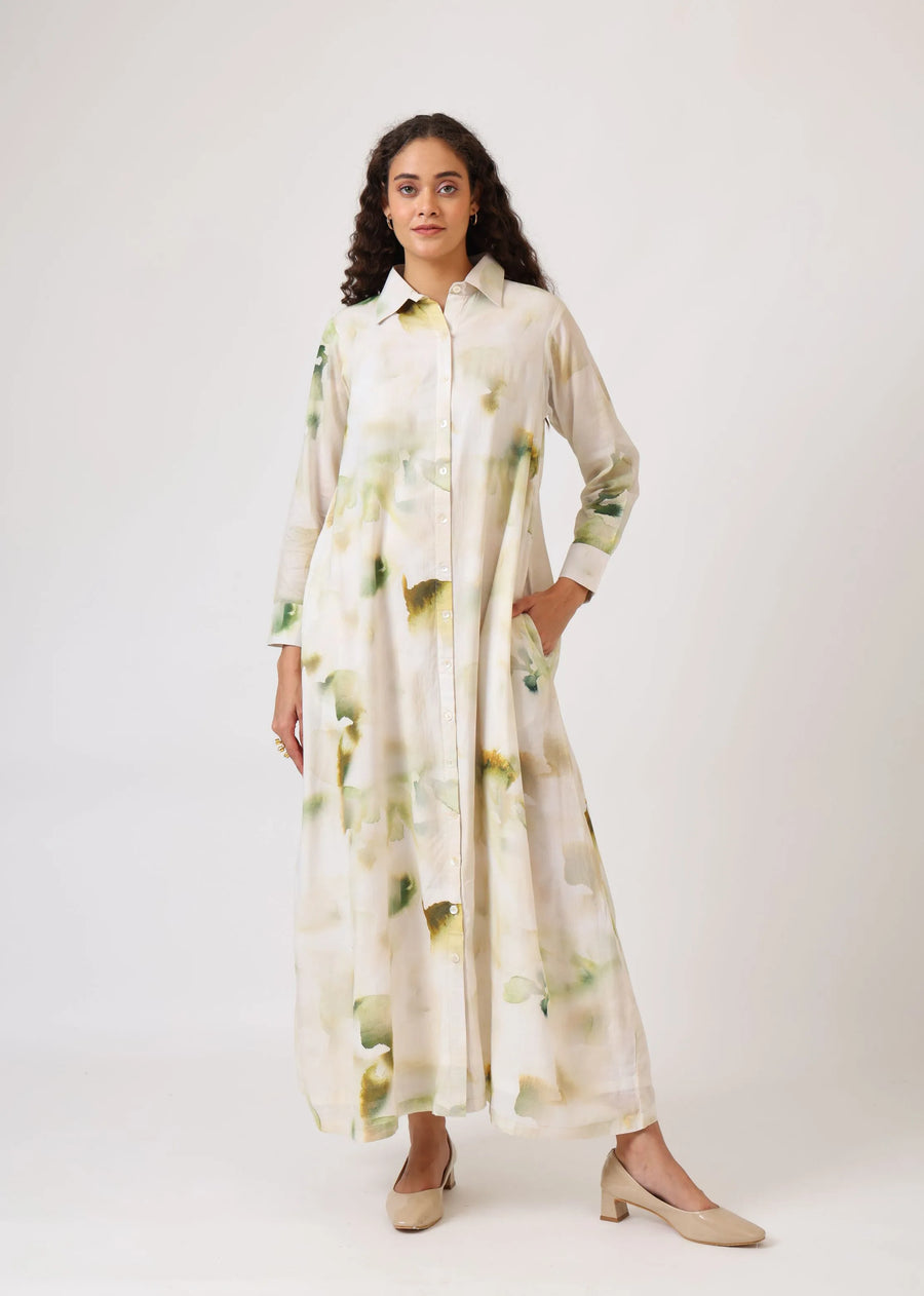 A Model Wearing Multicolor Mulmul Cotton Verdant Ease Shirt Dress, created by Only Ethikal