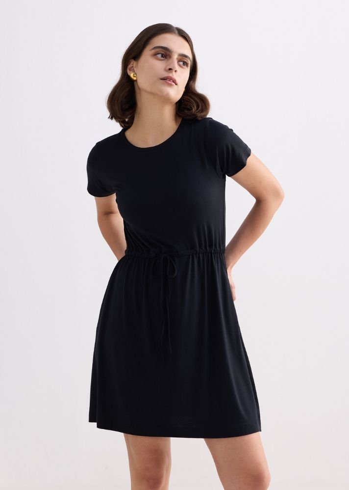 Drawstring Short T-Shirt Dress In Black