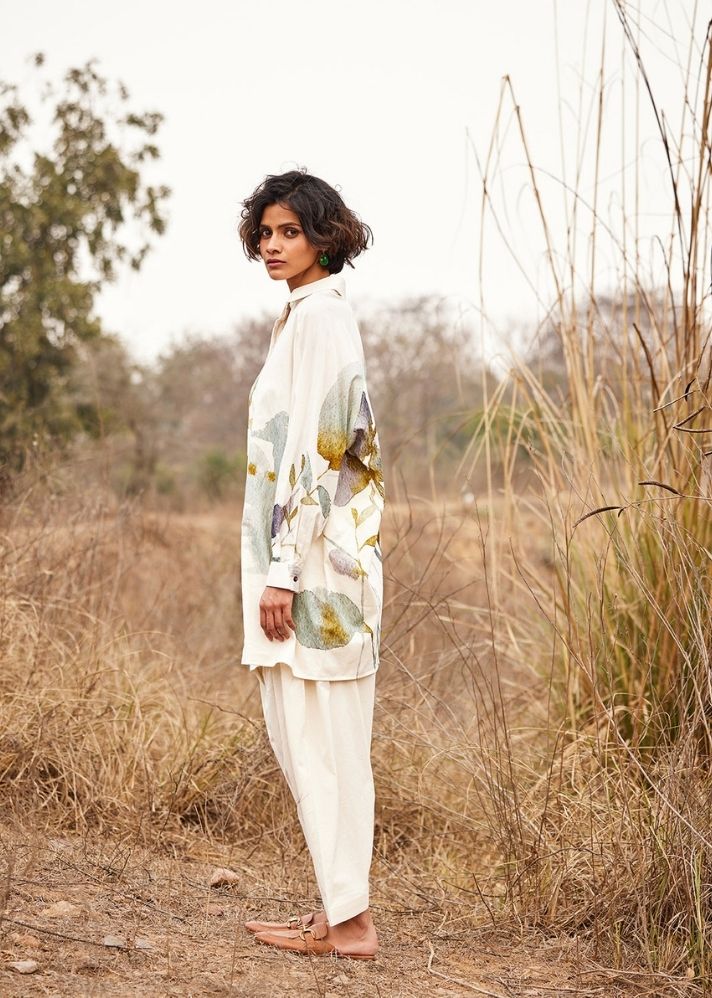 A Model Wearing White Cotton Mul Pahadi shirt, curated by Only Ethikal