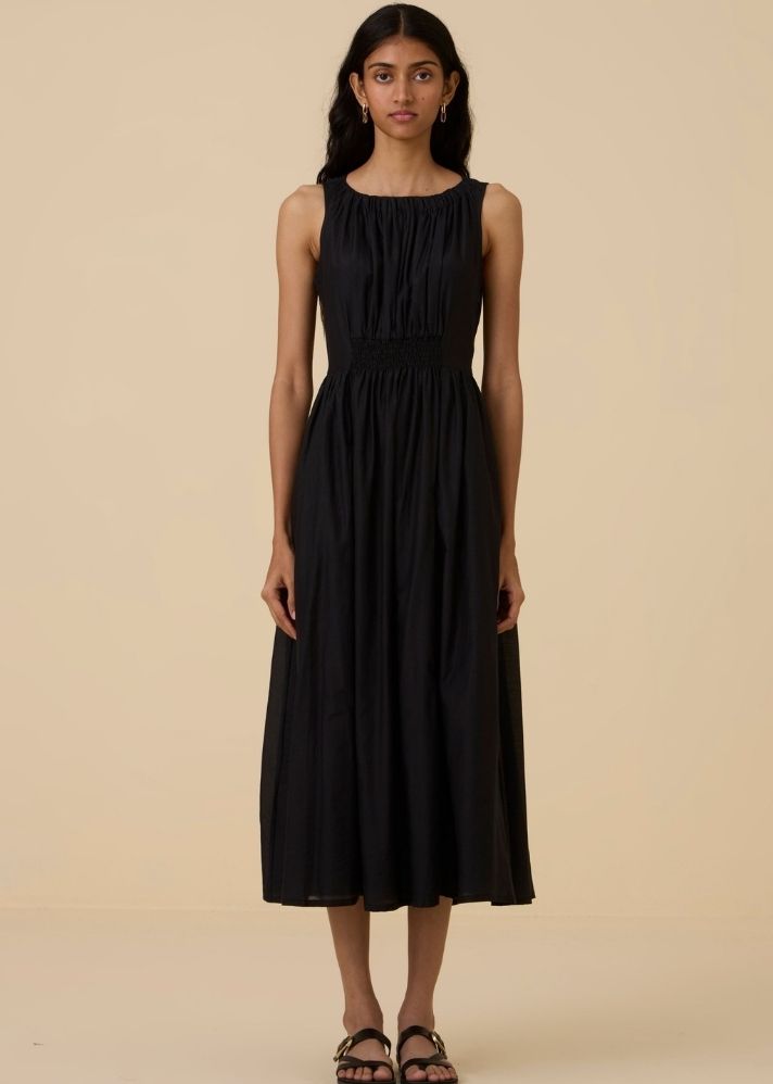 A Model Wearing Black Cotton Silk Hafa Black Sleeveless Dress , curated by Only Ethikal