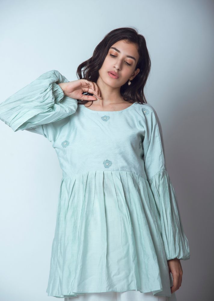 A Model Wearing Mint Chanderi Silk Pleated Mint Top In Chanderi Silk

, curated by Only Ethikal