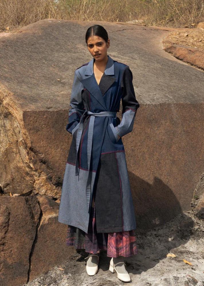 A Model Wearing Multicolor Upcycled Cotton Amelia Denim Trench, curated by Only Ethikal