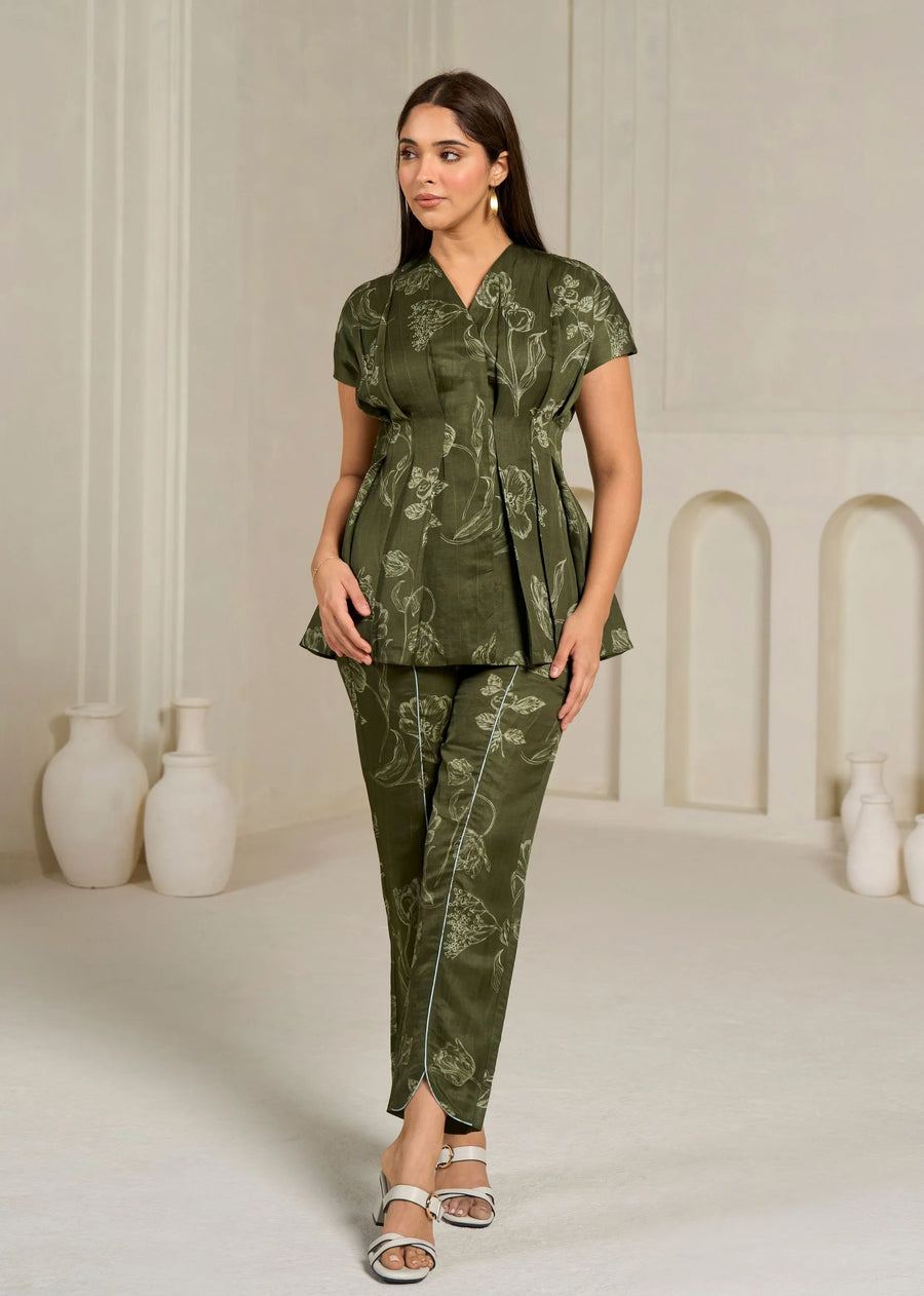 A Model Wearing Olive Linen Bemberg Earth Co-Ord Set, curated by Only Ethikal