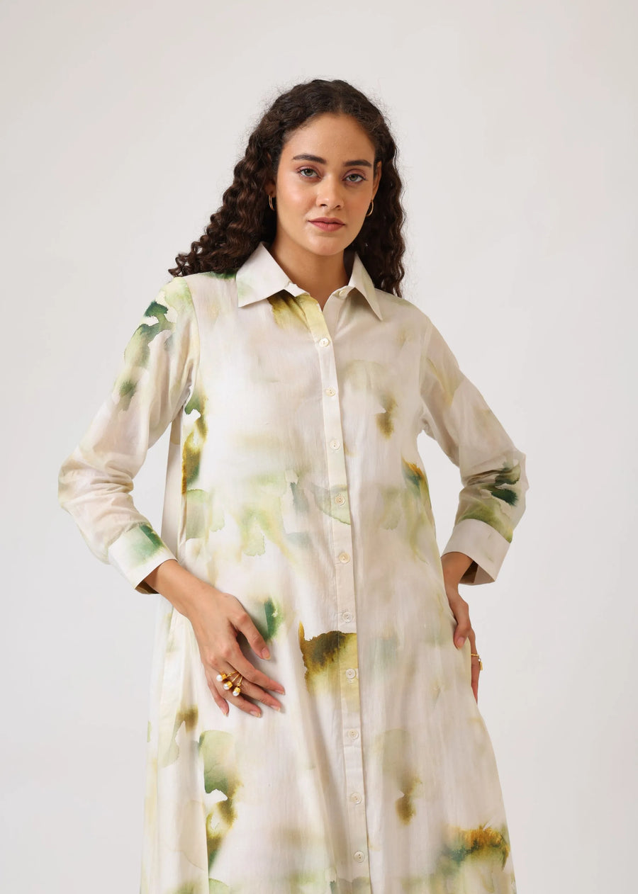 A Model Wearing Multicolor Mulmul Cotton Verdant Ease Shirt Dress, created by Only Ethikal