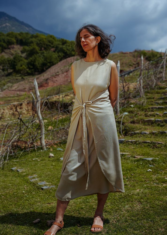 A Model Wearing Olive Vegan Silk L.17 Breezy Lotus Silk Wrap Dress, curated by Only Ethikal