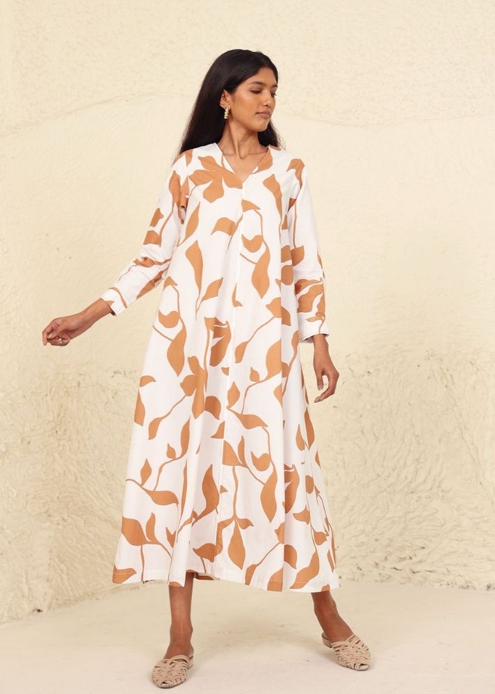 A Model Wearing Multicolor Cotton Milani Beige Print Dress, curated by Only Ethikal
