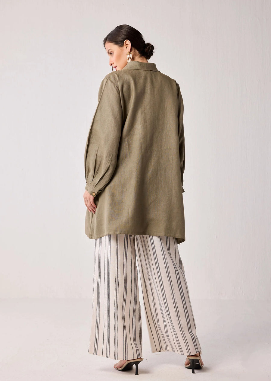 Oversized Mid-Length Hemp Overlay With Shawl Collar In Dark Green