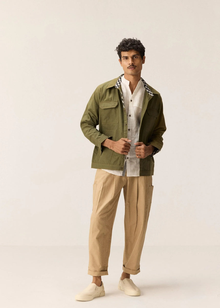 A Model Wearing Green Cotton Olive Stone Shacket, curated by Only Ethikal