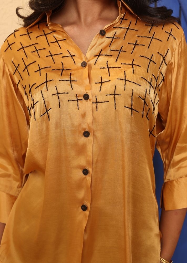 A Model Wearing Yellow Bemberg Silk Sapphire Shirt Yellow, curated by Only Ethikal