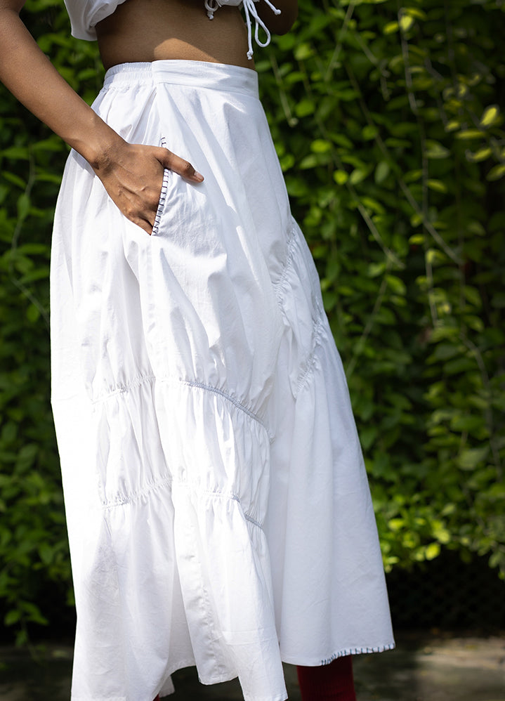 A Model Wearing White Upcycled Fabric Lizzy White Skirt, curated by Only Ethikal