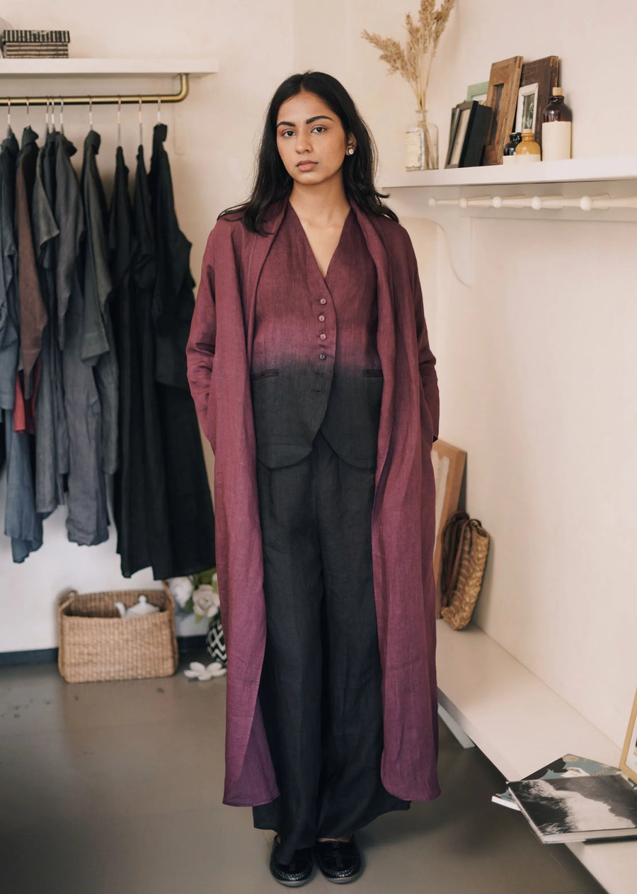 A Model Wearing Wine LINEN Abhaya Overlay, curated by Only Ethikal