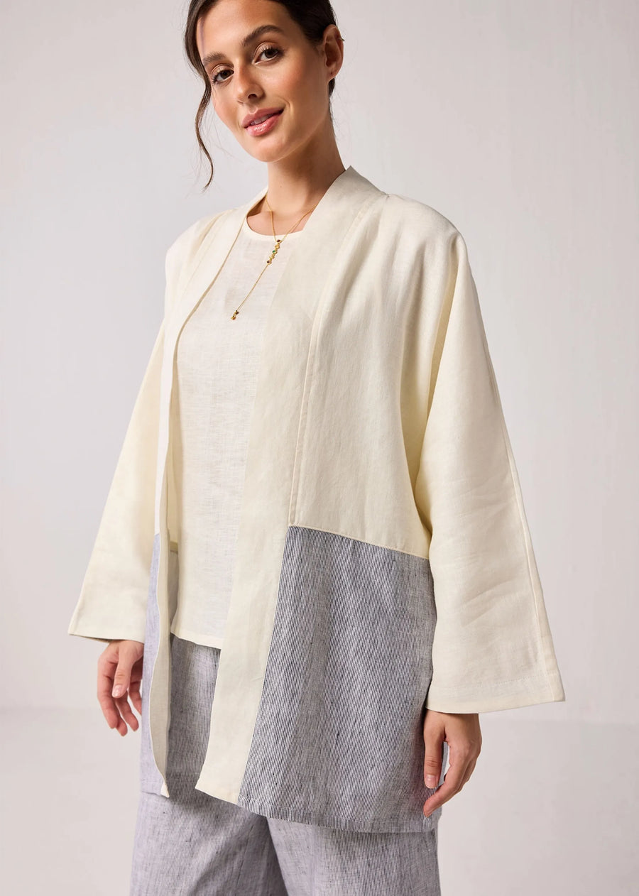 Oversized Hemp Overlay With Kimono Sleeves In Off-White And Pin Stripes