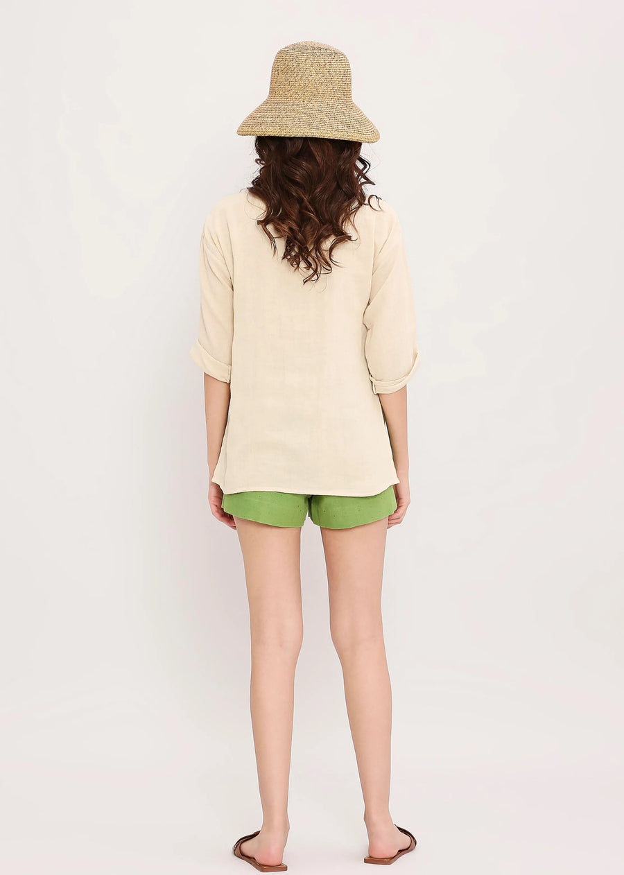 Coco Cream Embroidered Top & Green Shorts Set (2 Pcs)