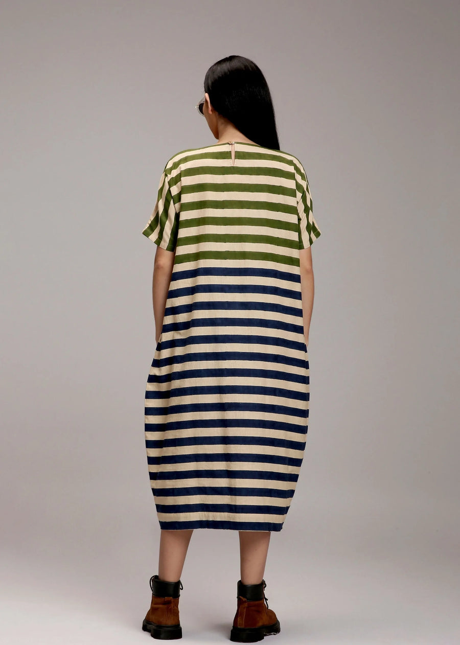 Egg-Shell Green & Blue Dual Striped Dress