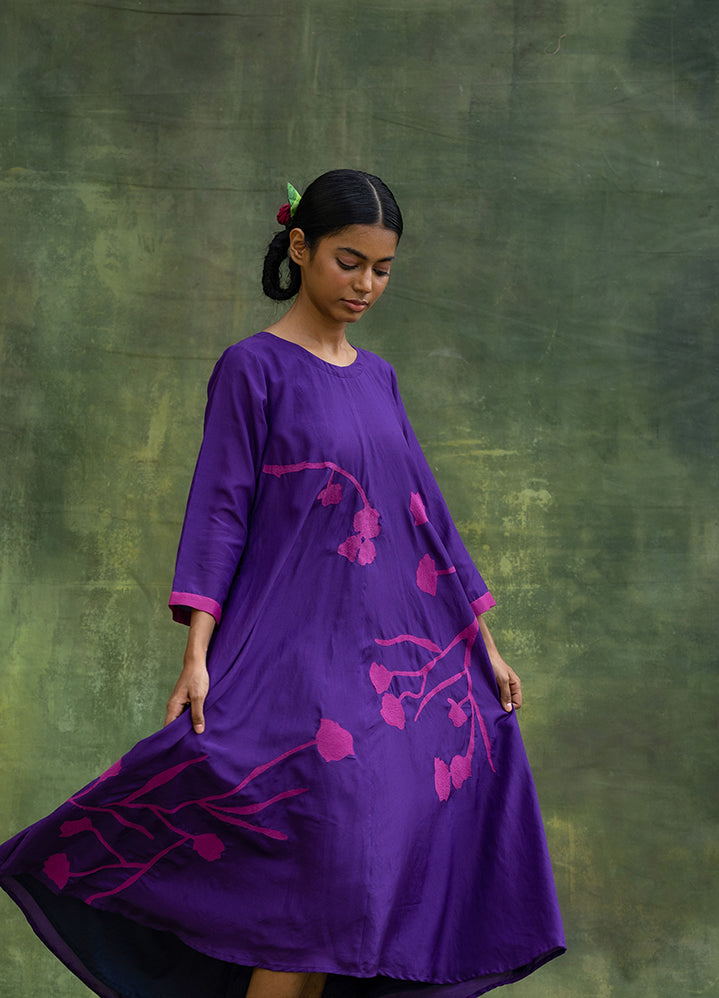 A Model Wearing Purple
 Upcycled Fabric Jill Embroidered Dress, curated by Only Ethikal