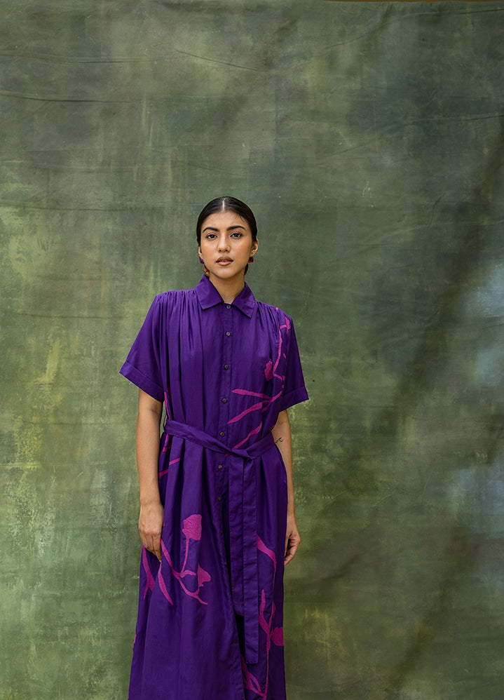 A Model Wearing Purple
 Upcycled Fabric Zora Embroidered Dress, curated by Only Ethikal