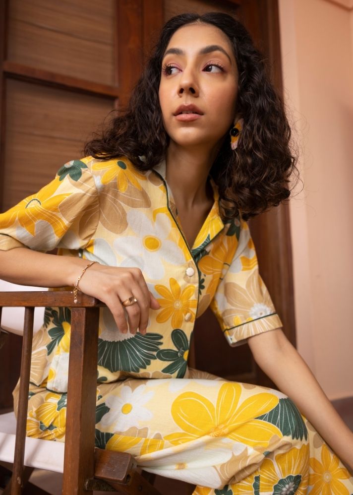 A Model Wearing Multicolor Organic Cotton Saga Co-Ord Set- Mosaic Yellow Print, curated by Only Ethikal