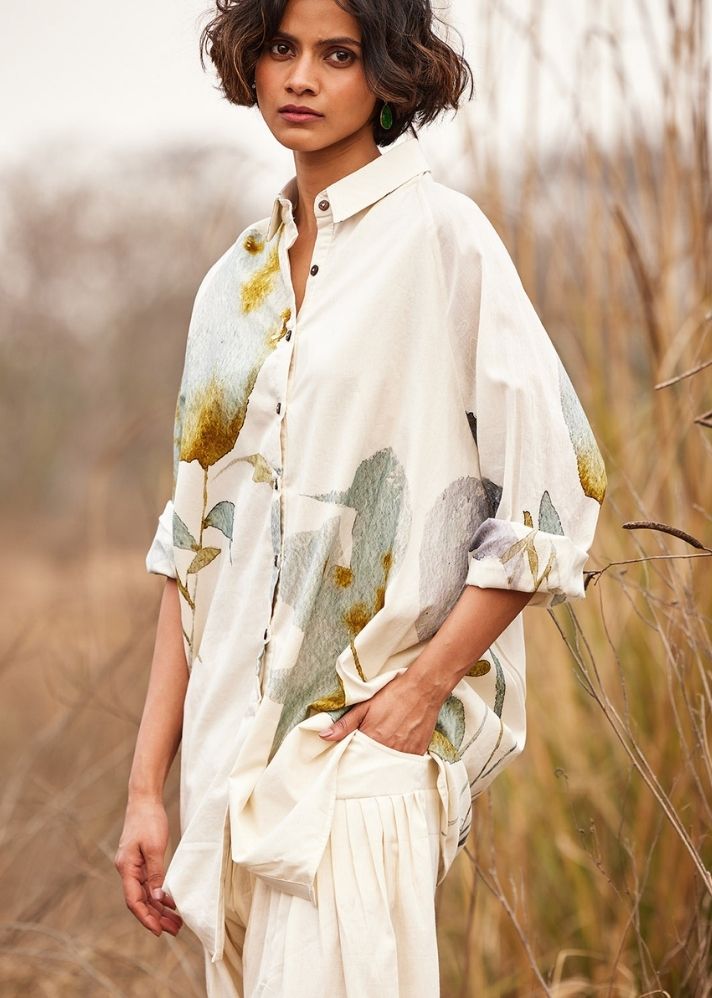 A Model Wearing White Cotton Mul Pahadi shirt, curated by Only Ethikal