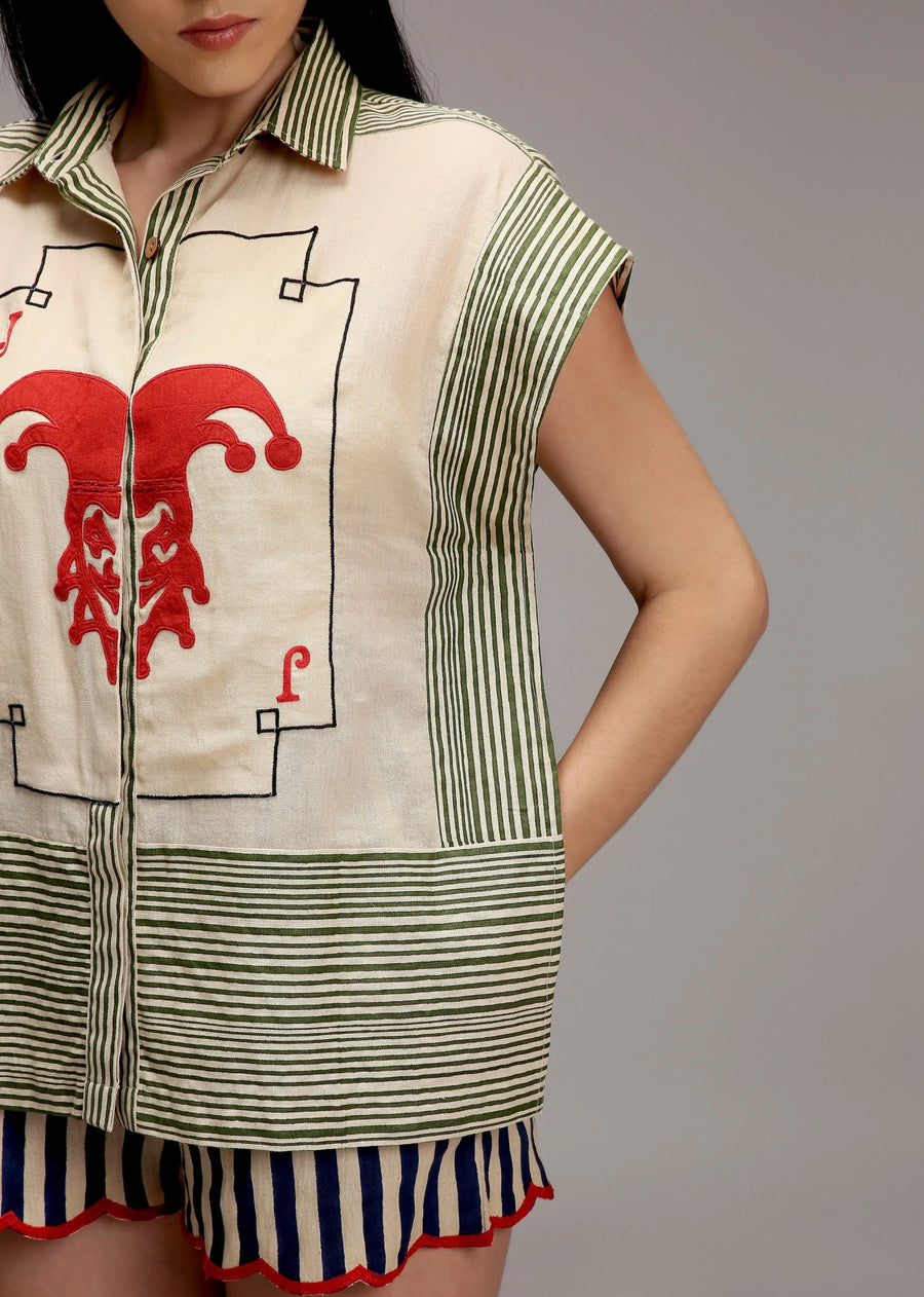 Egg-Shell Green Striped Red Joker Shirt