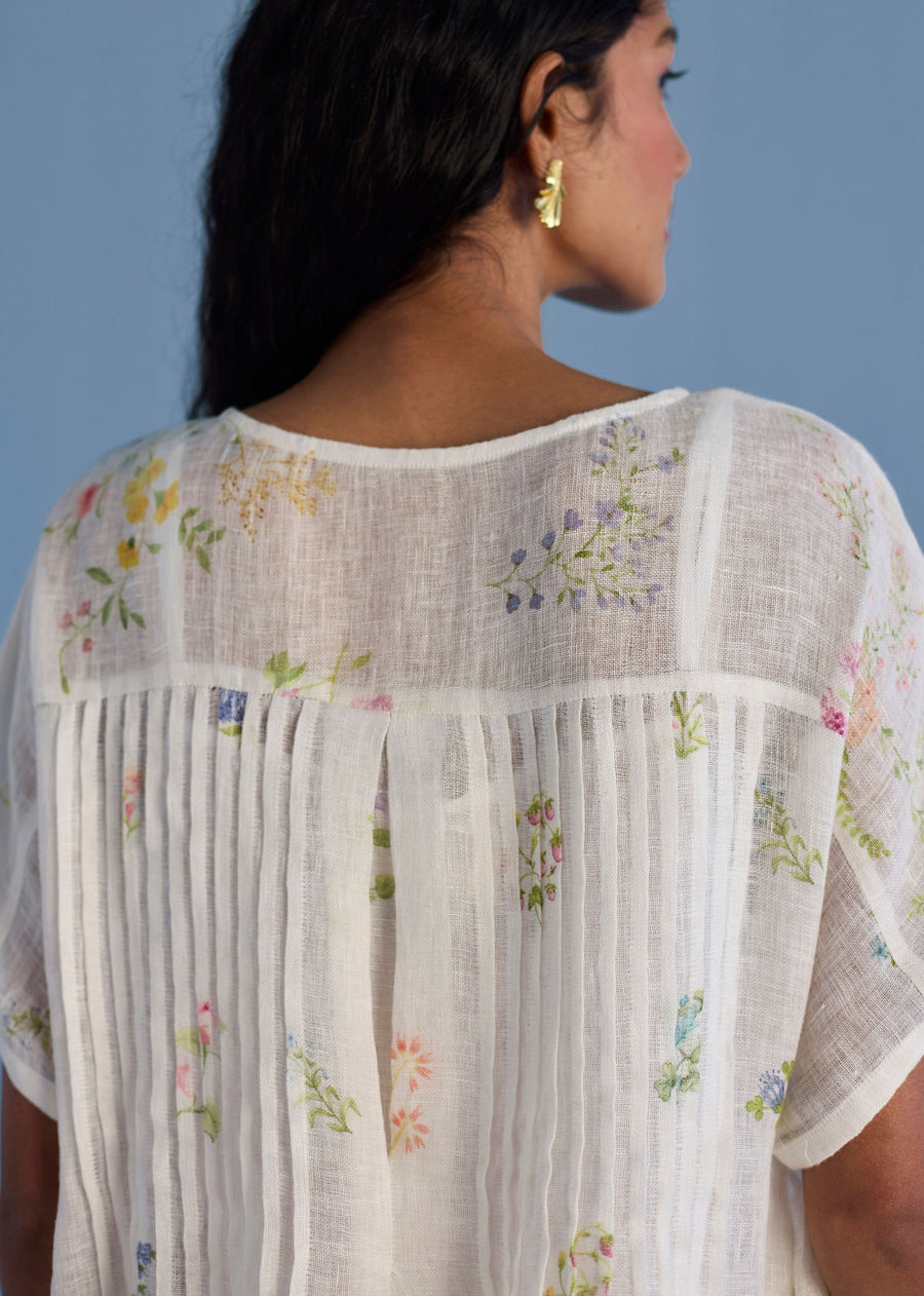 Uniko Pleated Floral Linen Dress - White