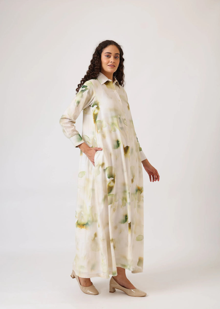 A Model Wearing Multicolor Mulmul Cotton Verdant Ease Shirt Dress, created by Only Ethikal