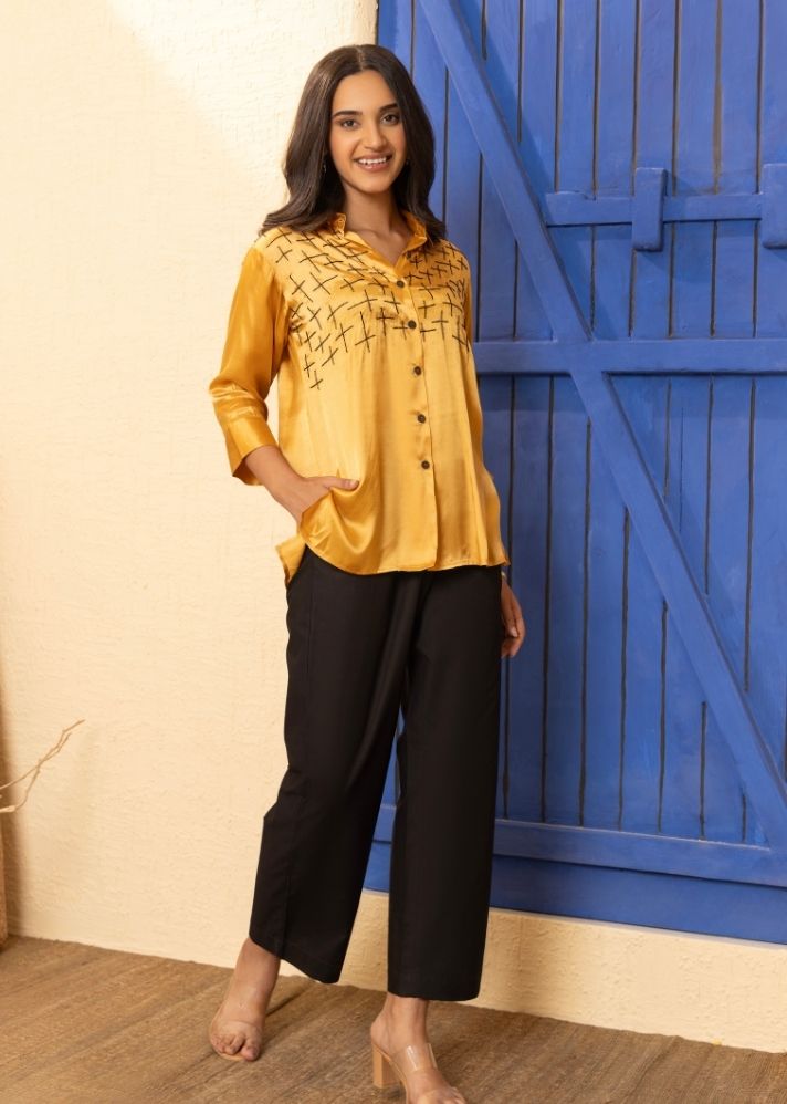 A Model Wearing Yellow Bemberg Silk Sapphire Shirt Yellow, curated by Only Ethikal