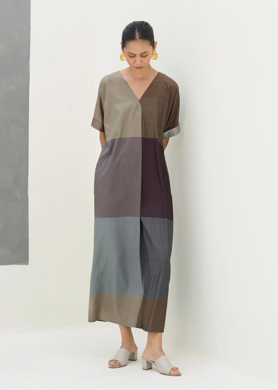 A Model Wearing Brown Silk Cath Eri Silk Kaftan Dress - Taupe Grey, curated by Only Ethikal