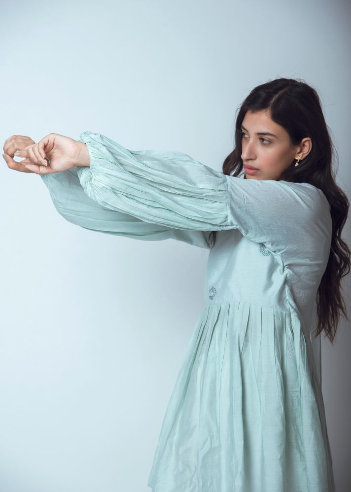 Pleated Mint Top In Chanderi Silk