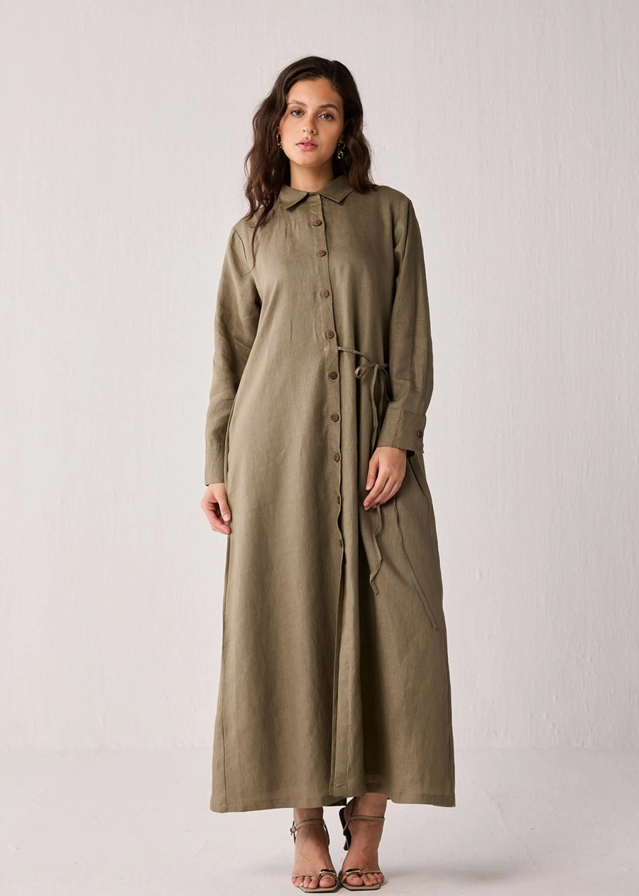 A Model Wearing Green Hemp Oversized Hemp Shirt Dress With Tie Detail In Dark Green, curated by Only Ethikal