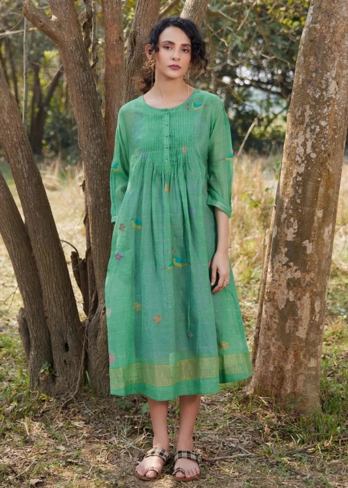 A Model Wearing Multicolor Jamdani Cotton Mamata Dress, curated by Only Ethikal