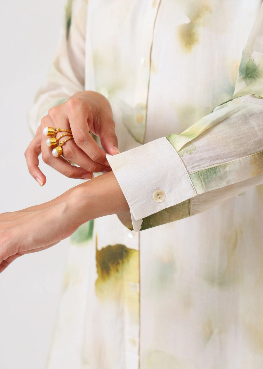 A Model Wearing Multicolor Mulmul Cotton Verdant Ease Shirt Dress, created by Only Ethikal