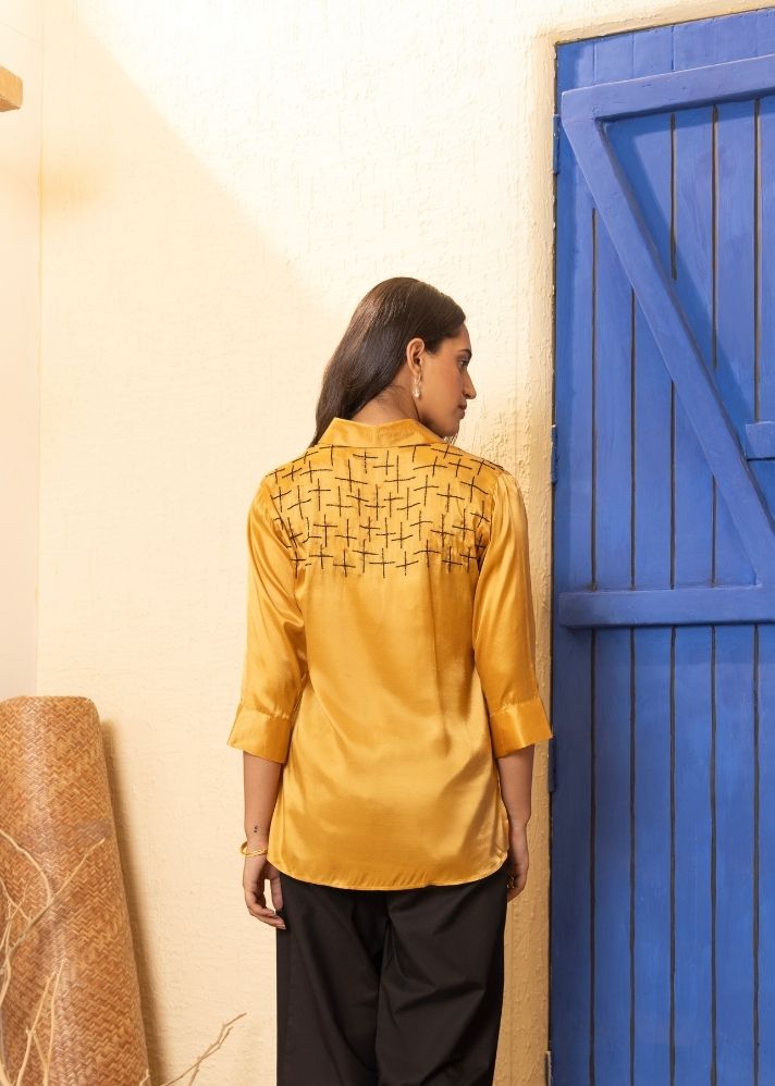 A Model Wearing Yellow Bemberg Silk Sapphire Shirt Yellow, curated by Only Ethikal