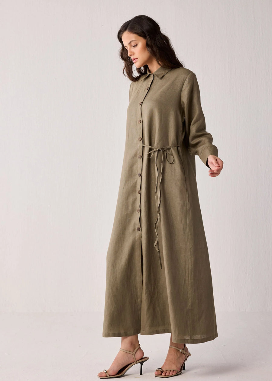 Oversized Hemp Shirt Dress With Tie Detail In Dark Green