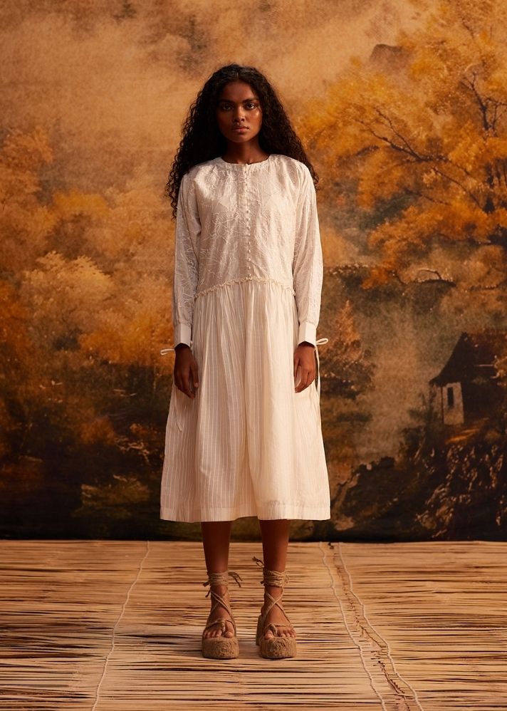 A Model Wearing White Cotton Silk Chanderi Tobira Dolman Maxi Dress + Slip, curated by Only Ethikal