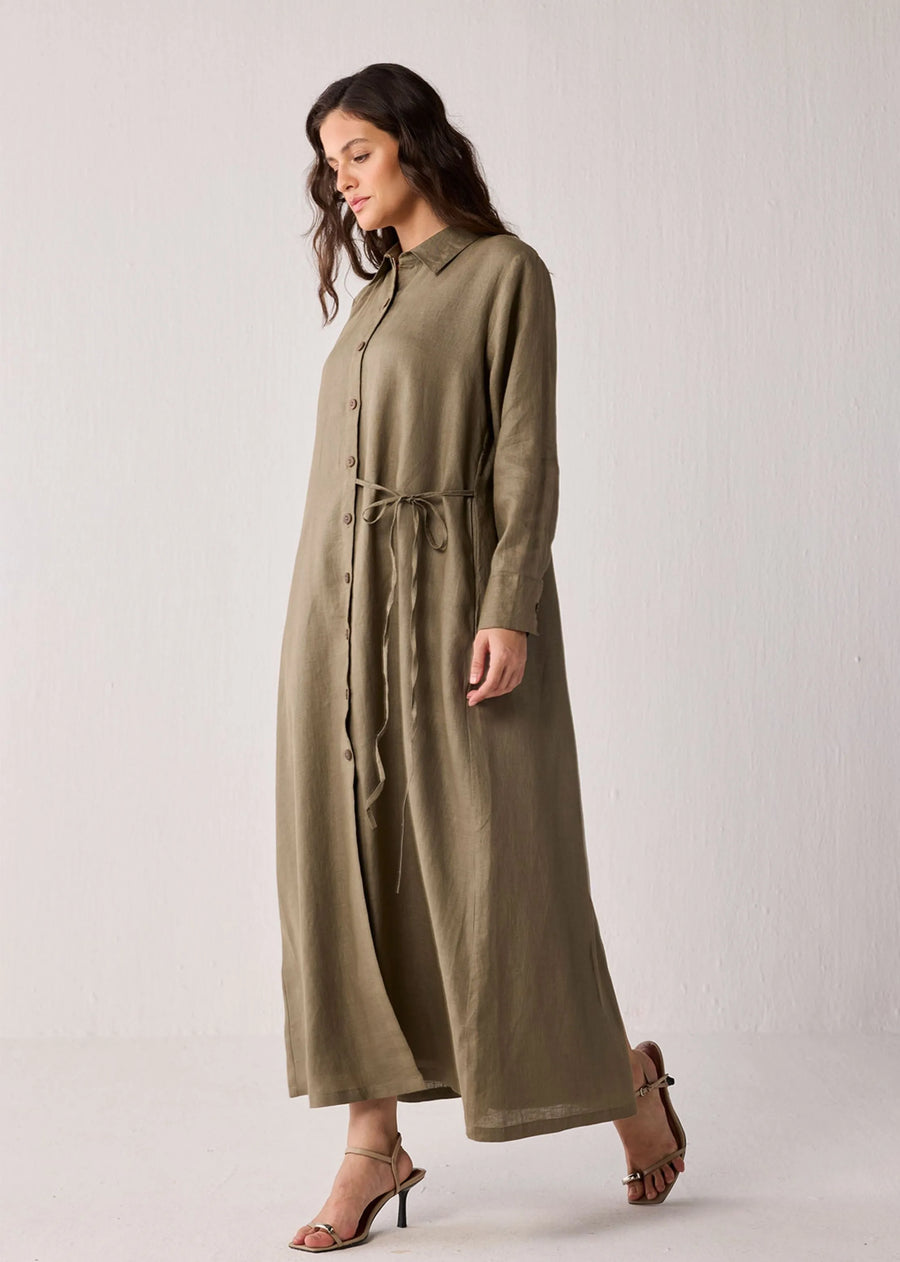 Oversized Hemp Shirt Dress With Tie Detail In Dark Green