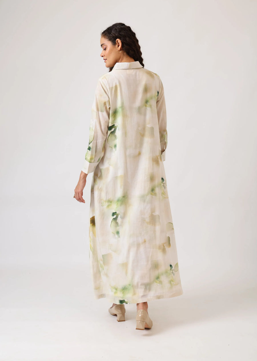 A Model Wearing Multicolor Mulmul Cotton Verdant Ease Shirt Dress, created by Only Ethikal