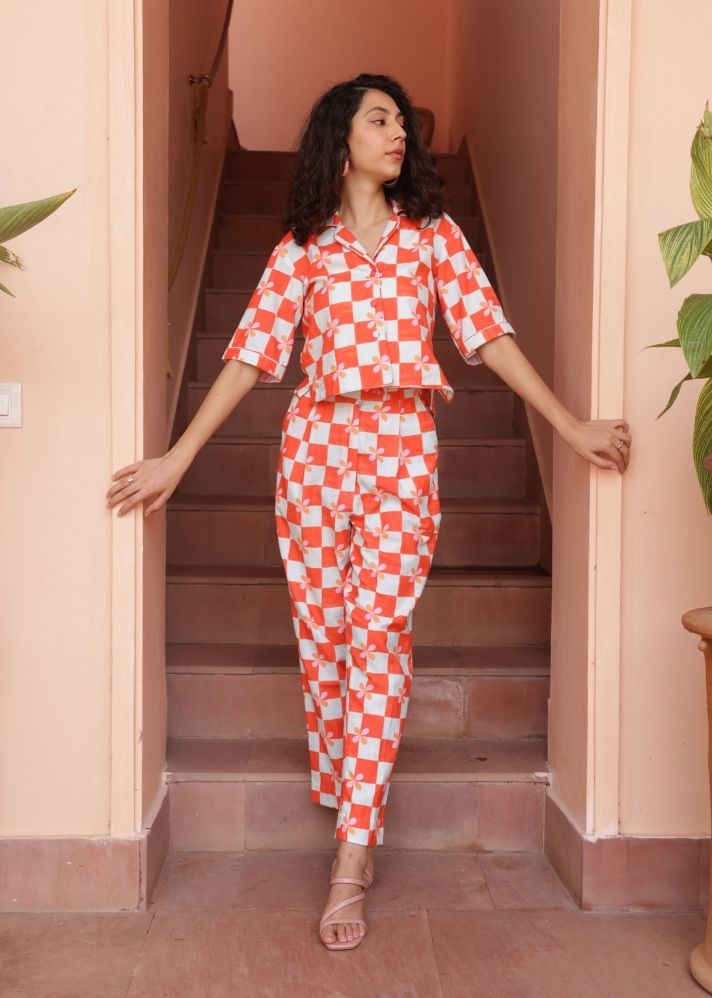 A Model Wearing Multicolor Organic Cotton Andres Co-Ord Set- Peach Checks, curated by Only Ethikal