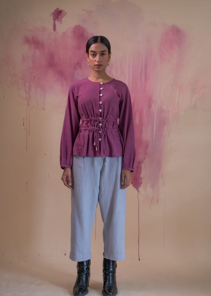 A Model Wearing Purple Pure Cotton Phosphene Ruched Blouse, curated by Only Ethikal