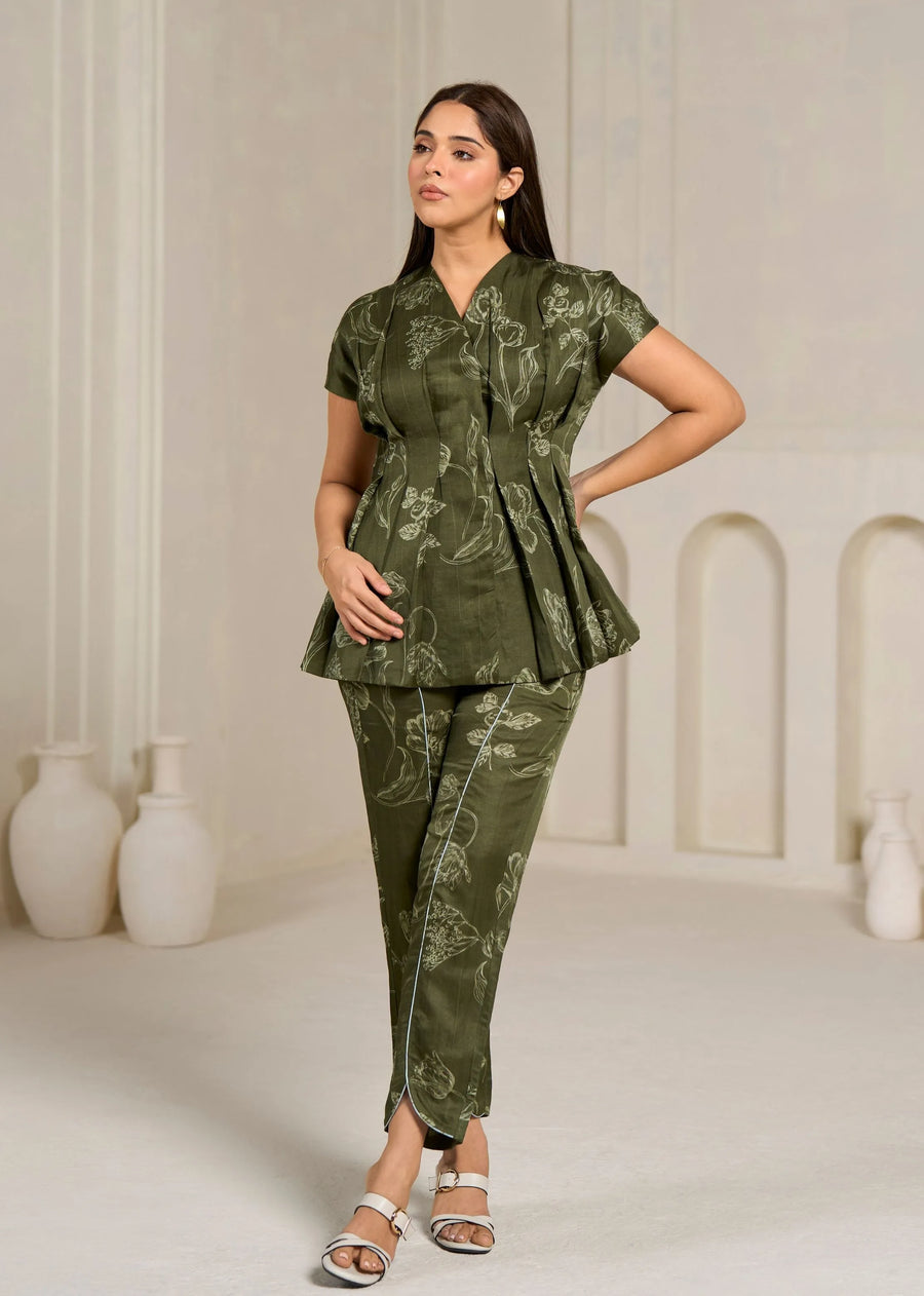 A Model Wearing Olive Linen Bemberg Dynasty Pants, curated by Only Ethikal