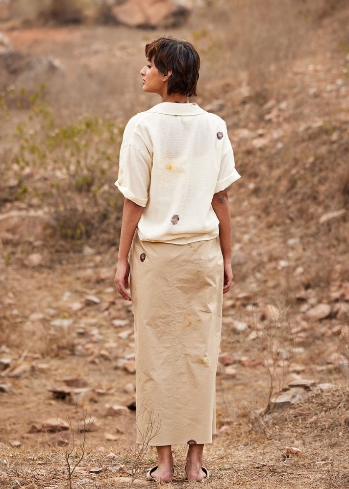 A Model Wearing Beige Cotton Mul Oxford wrap skirt, curated by Only Ethikal