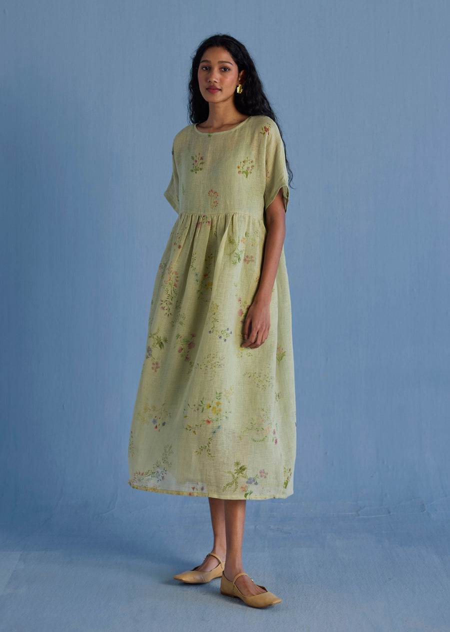 Uniko Pleated Floral Linen Dress - Mint