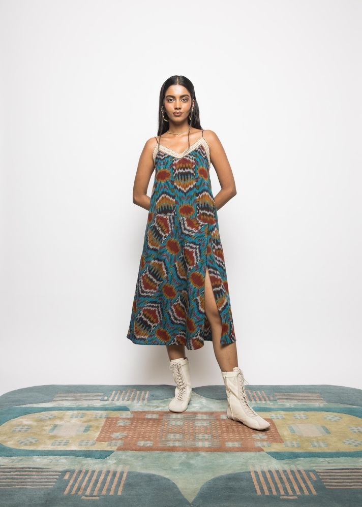 A Model Wearing Multicolor Handwoven Cotton Ikat Asymmetric Waist Sling Dress, curated by Only Ethikal