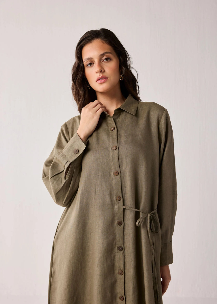 Oversized Hemp Shirt Dress With Tie Detail In Dark Green