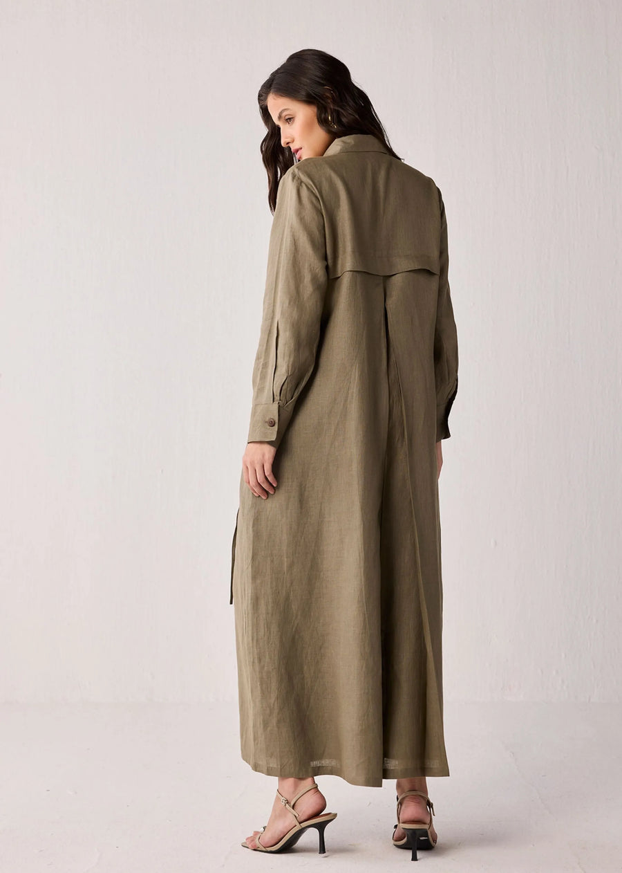 Oversized Hemp Shirt Dress With Tie Detail In Dark Green